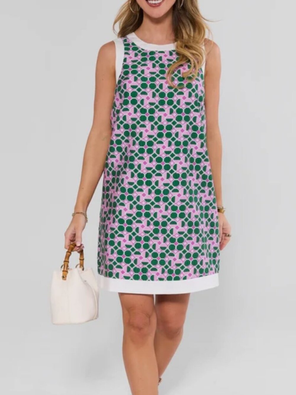 Avara Pink/Green Geometric Sleeveless A-Line Dress sz M
